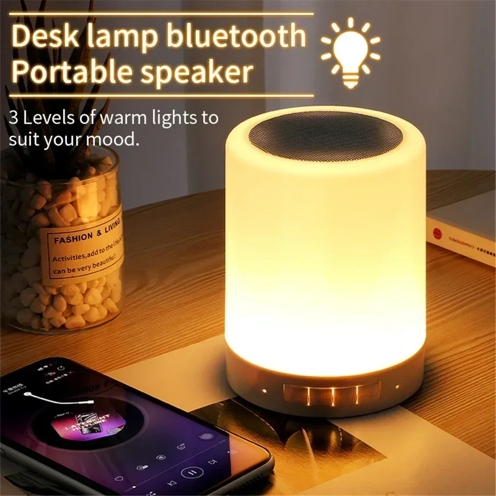 Lámpara de mesita de noche con Altavoz Bluetooth, luz nocturna portátil inalámbrica con tarjeta TF, Altavoz Bluetooth, Control táctil, LED de Color