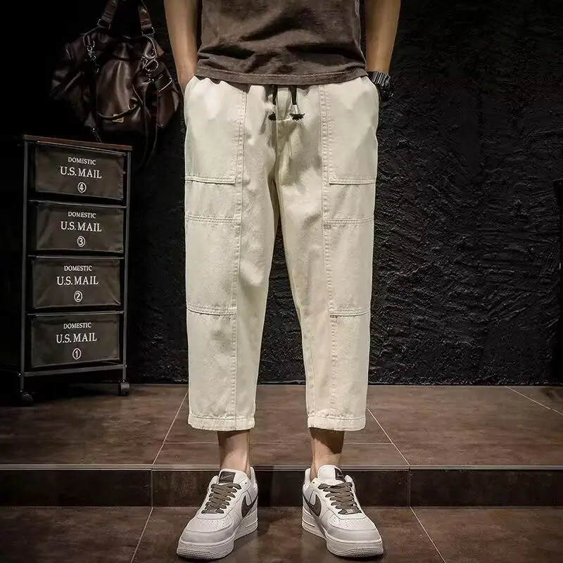 2026 Japanese Retro Elastic Waist Splicing Men's Fashion High Loose Harlan Casual Tactical Baggy Harem Ankle Length Pants Men