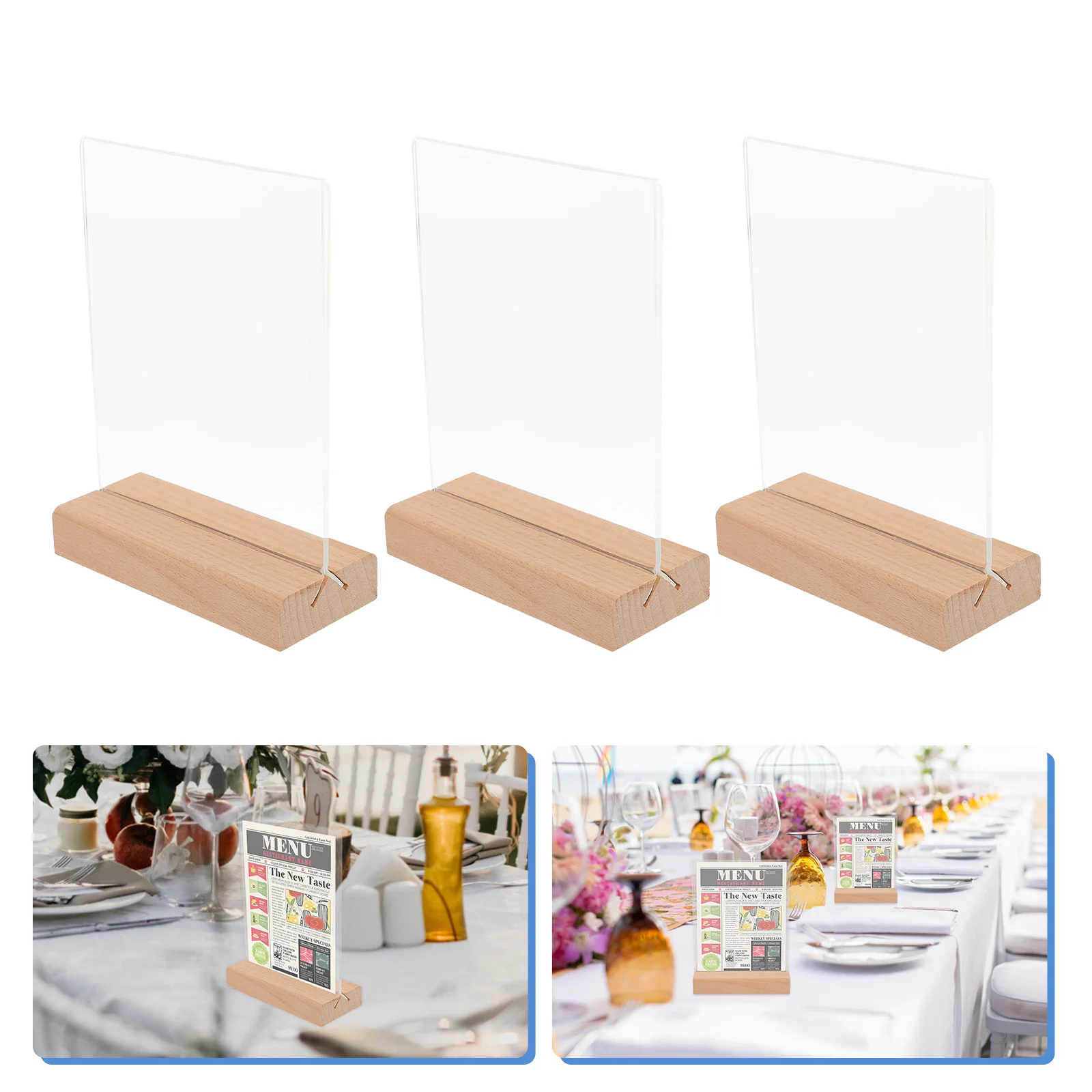 

3pcs Acrylic Wood Base Display Holder Lightweight Table Menu Price Sign Office Retail Restaurant Show School