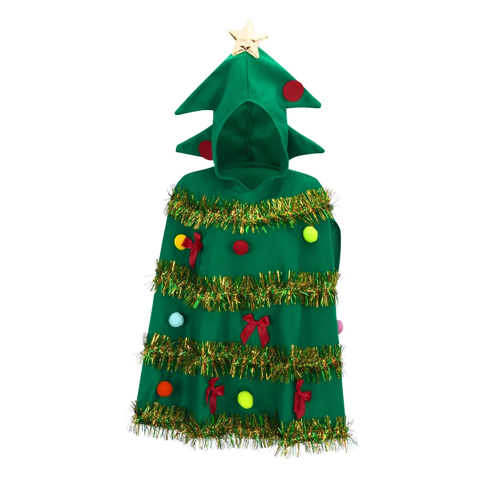 Christmas Tree Poncho Costume Adults Women Men Bow Ball Decor Hooded Cloak Cape Party Prop for Cosplay Party Role-Playing 2024