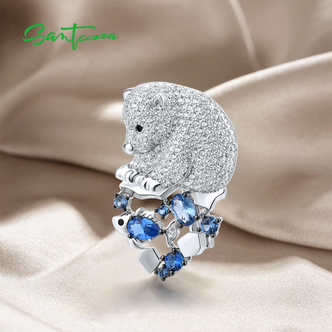 Imagem -04 - Santuzza-broche de Prata para Mulheres Urso Bonito Presentes de Casamento Animais Jóias Finas Zircônia Cúbica Branca Espumante Prata 925 Real Espinélio Azul