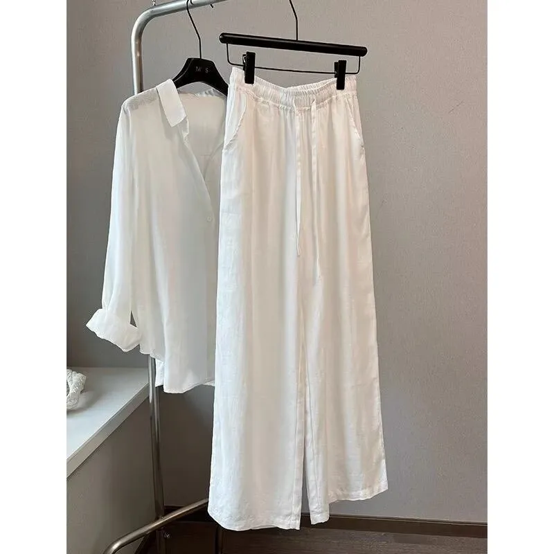 

Korean White Cotton Linen Wide Leg Pants Shirt Set Women's Loose Fashion Elastic Waist Casual Pants Long-sleeved Tops Female