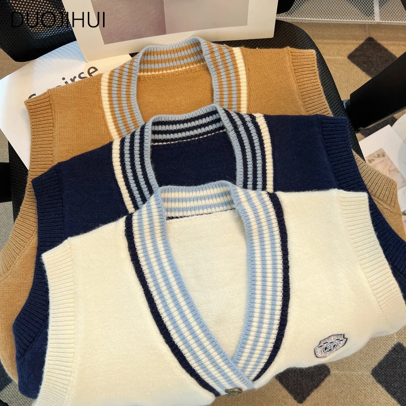 DUOJIHUI Preppy Style Spell Color Chicly Cardigan Female Sweater Vest New Vintage Basic V-neck Fashion Button Women Sweater Vest