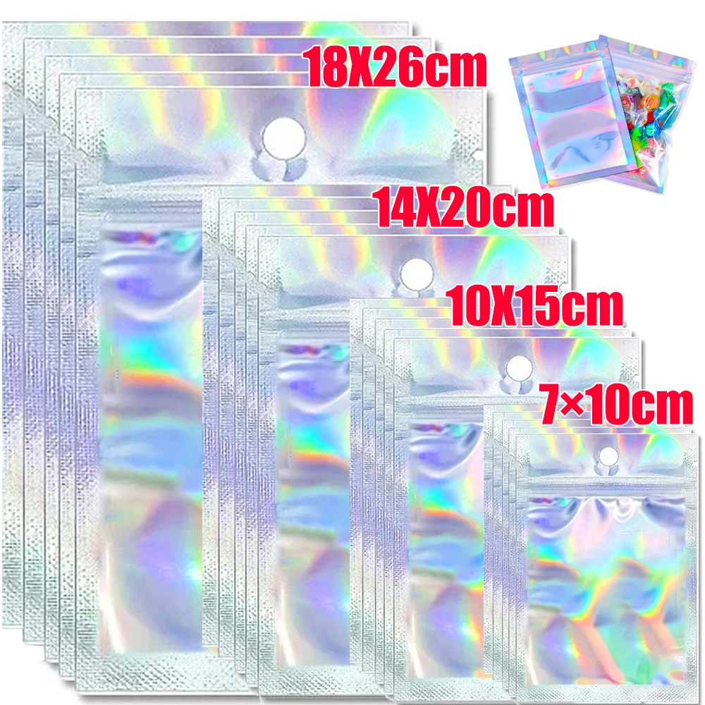 Resealable Laser Ziplock Bags Packaging Holographic Envelopes Flat Clear Plastic Candy Jewelry Food Storage Bag Multiple Sizes