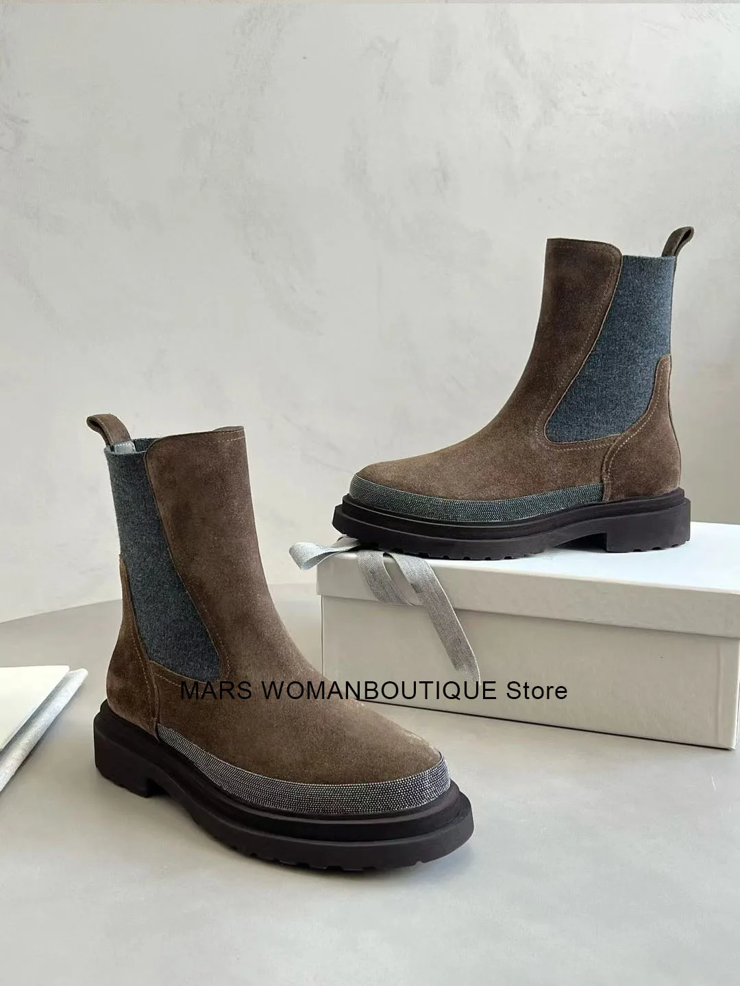 Ladies Beaded Elastic Slip-On Deep-Mouth High-Quality Autumn And Winter 2024 New Women'S Boots