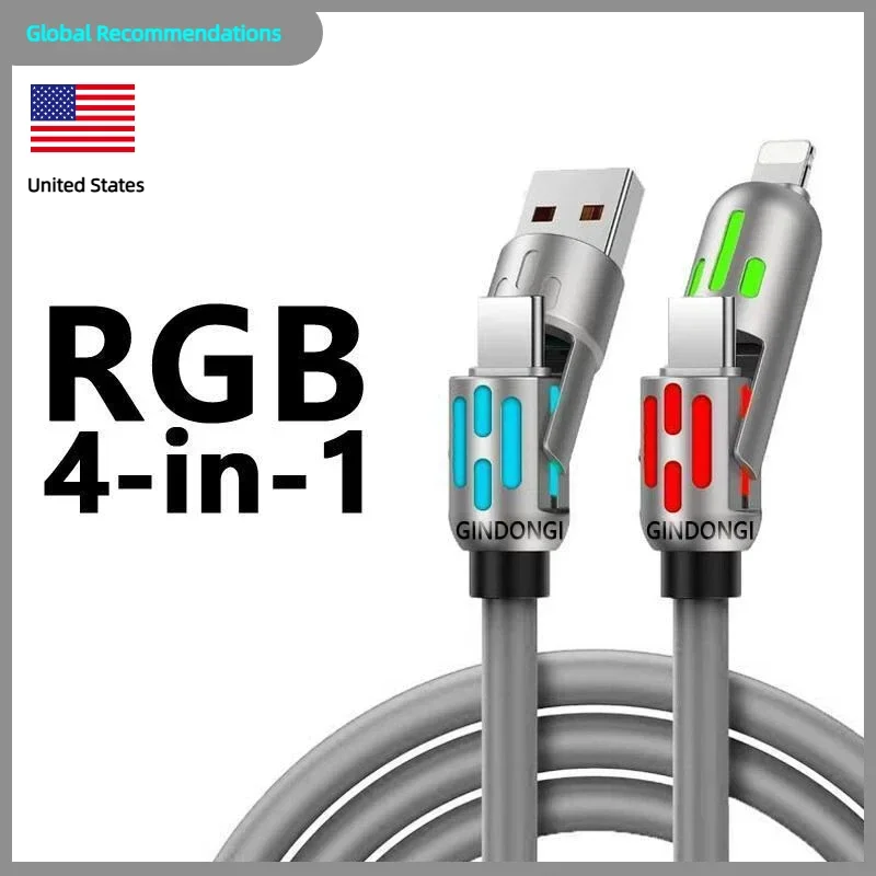 Cavo di ricarica USB 4 in 1 da 4 piedi - Porte USB A/Tipo C/Lightning con ricarica rapida da 240 W e trasferimento dati, luce respiratoria per Smart