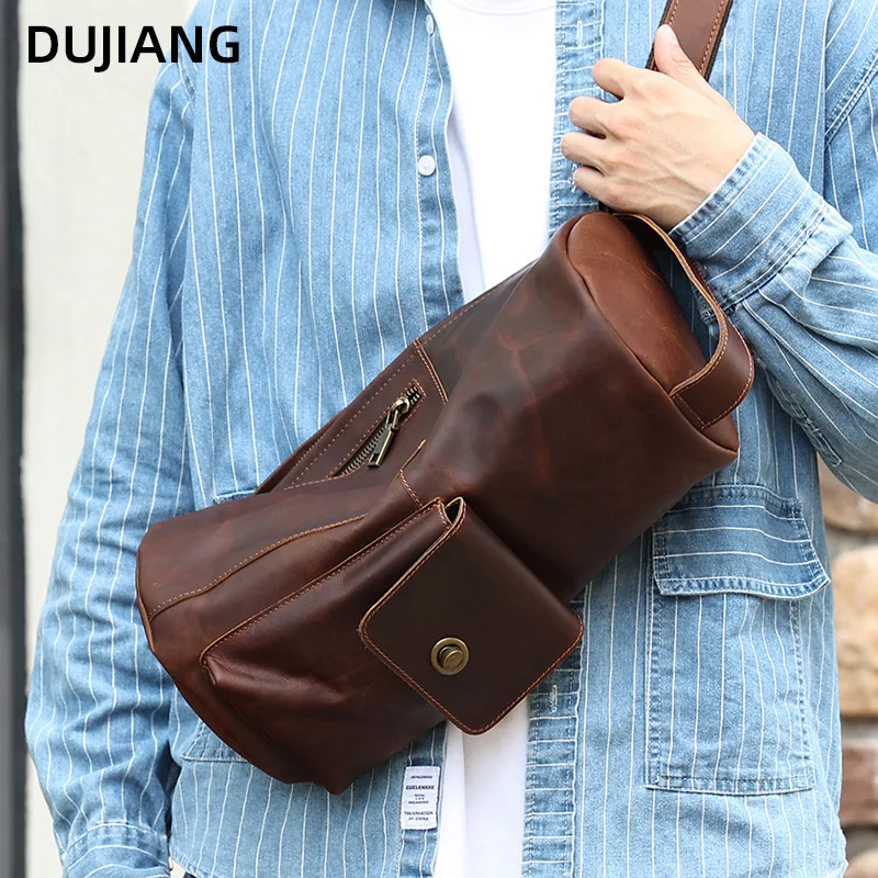 

Crazy horse leather retro crossbody bag cylinder large capacity handheld multi-function crossbody shoulder bag men's bag