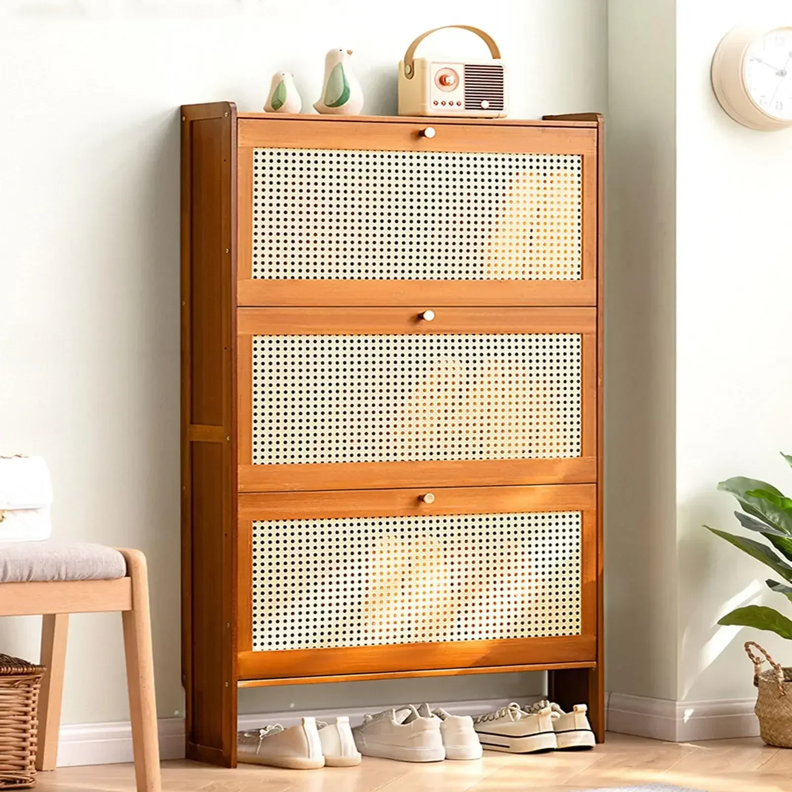 

Bamboo Shoe Cabinet with Flip Drawers Storage Cabinet Freestanding Shoe Organizer Rack Narrow Shelf for Entryway Cabinet