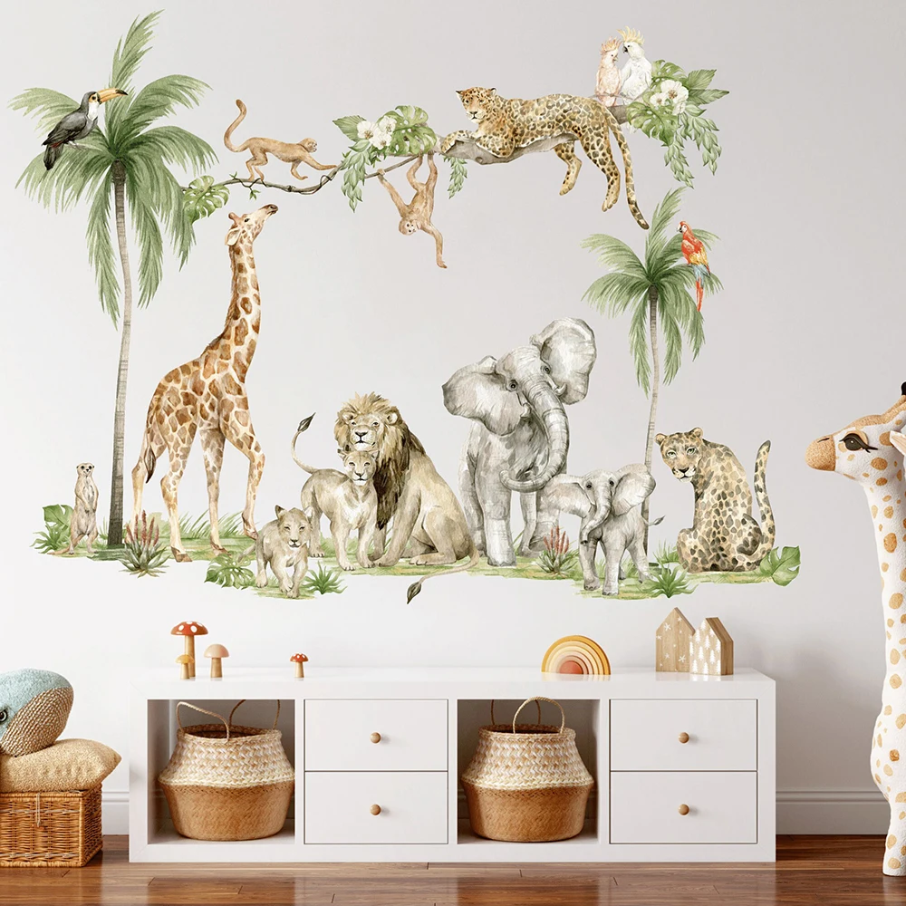 Safari Jungle Animals Wall Sticker Baby Nursery Kids Room Wild Watercolor Tropical Monkey Giraffe Bird Elephant Wall Decal