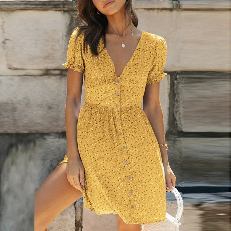 Ardm Elegant женское платье V Neck With Button Floral Print Mini Dress HIght Waist  Ruffled Ladies Vintage Vestido Spring Summer