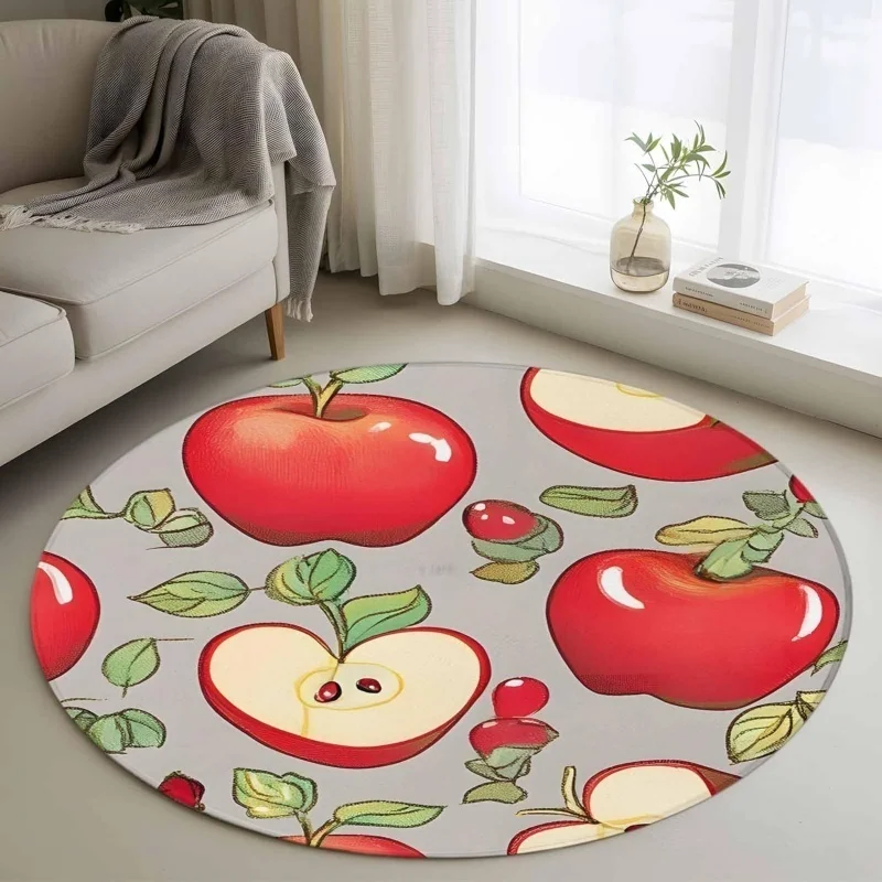Cute Red Apple Fruit Round Rug Fresh Sliced Apple Leaf Print Non Slip Soft Carpet Kitchen Bedroom Dining Room Home Decor