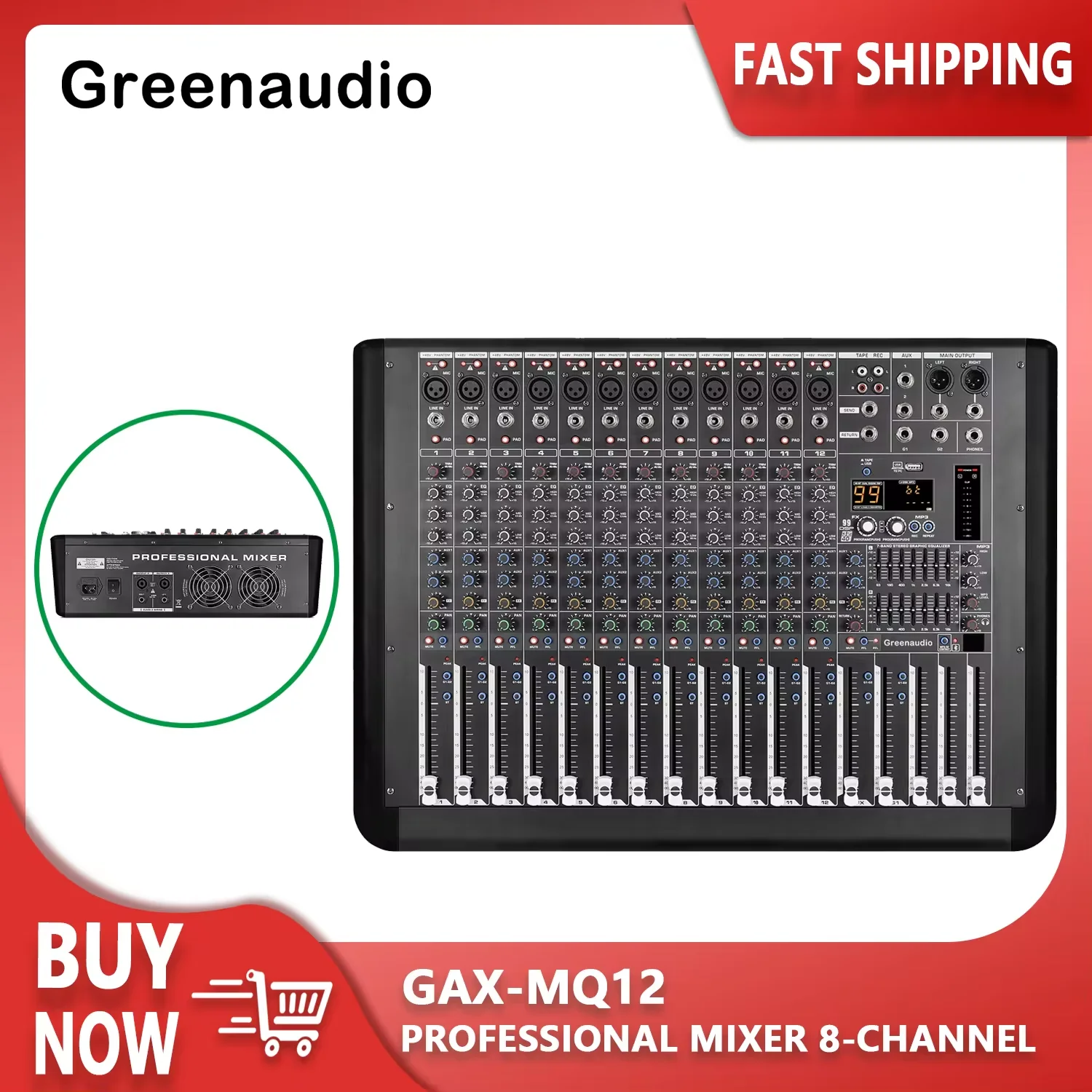 GAX-MQ12 Power Mixer Amplifier Professional Mixer 8-Channel Stage Audio 800W*2 With 99 DSP 7-Segment Equalizer Mixer