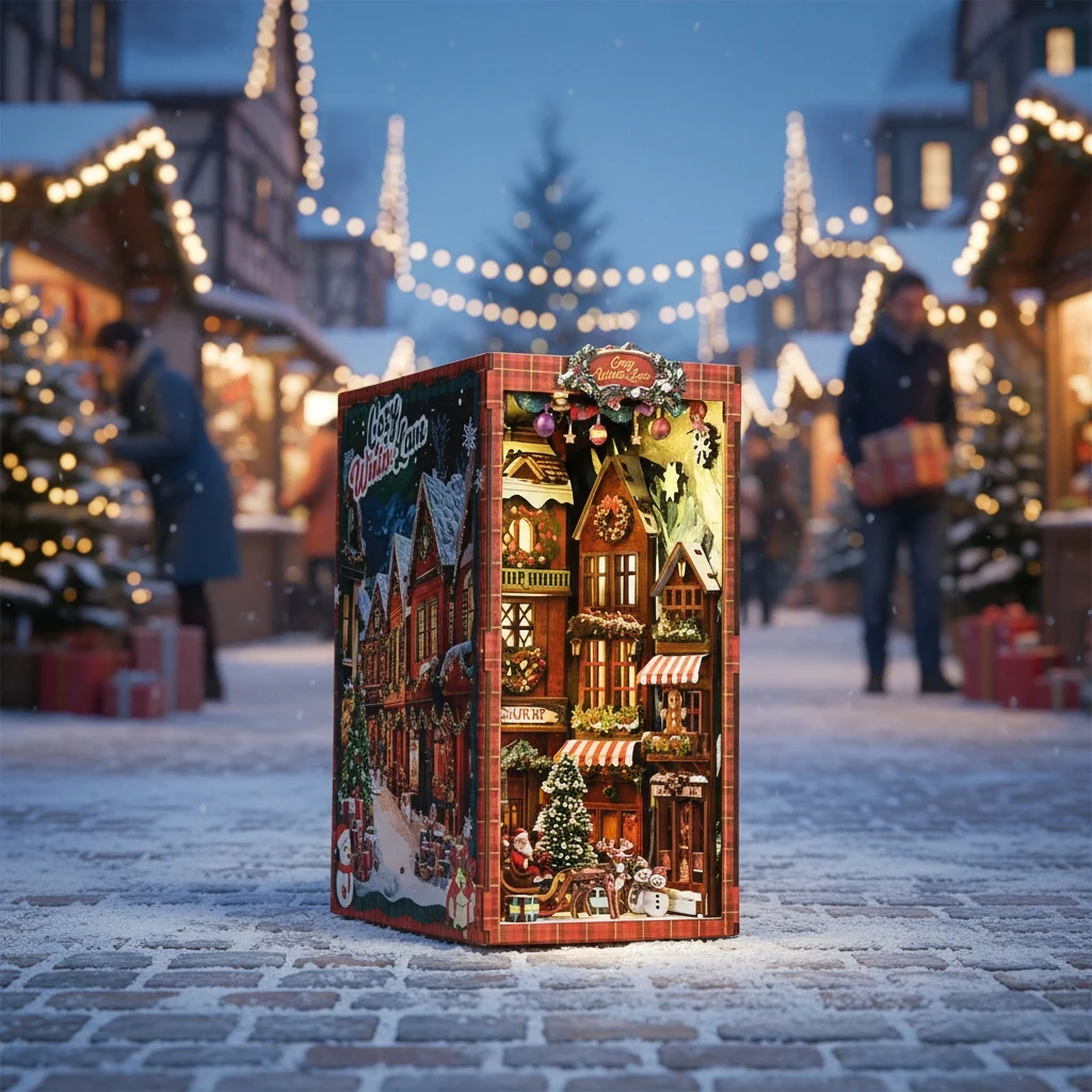 

OUZEY 3D Wooden Christmas Street Book Nook DIY Kit - Snowy Village Bookend Model, Festive Home Decor Assembly Gift for Adults