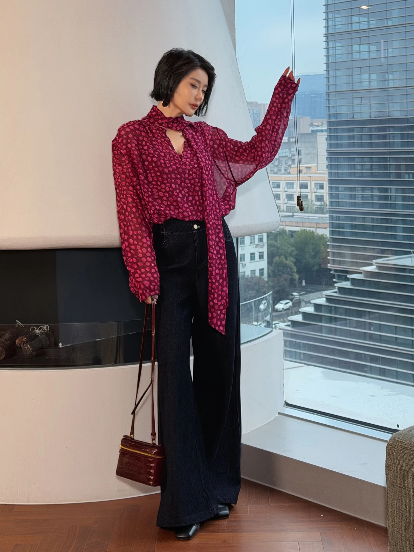 

Женская блузка с принтом в горошек Ele, весна 2026, новинка, шифоновый топ, повседневный свободный крой, длинный рукав, немнущийся полиэстер