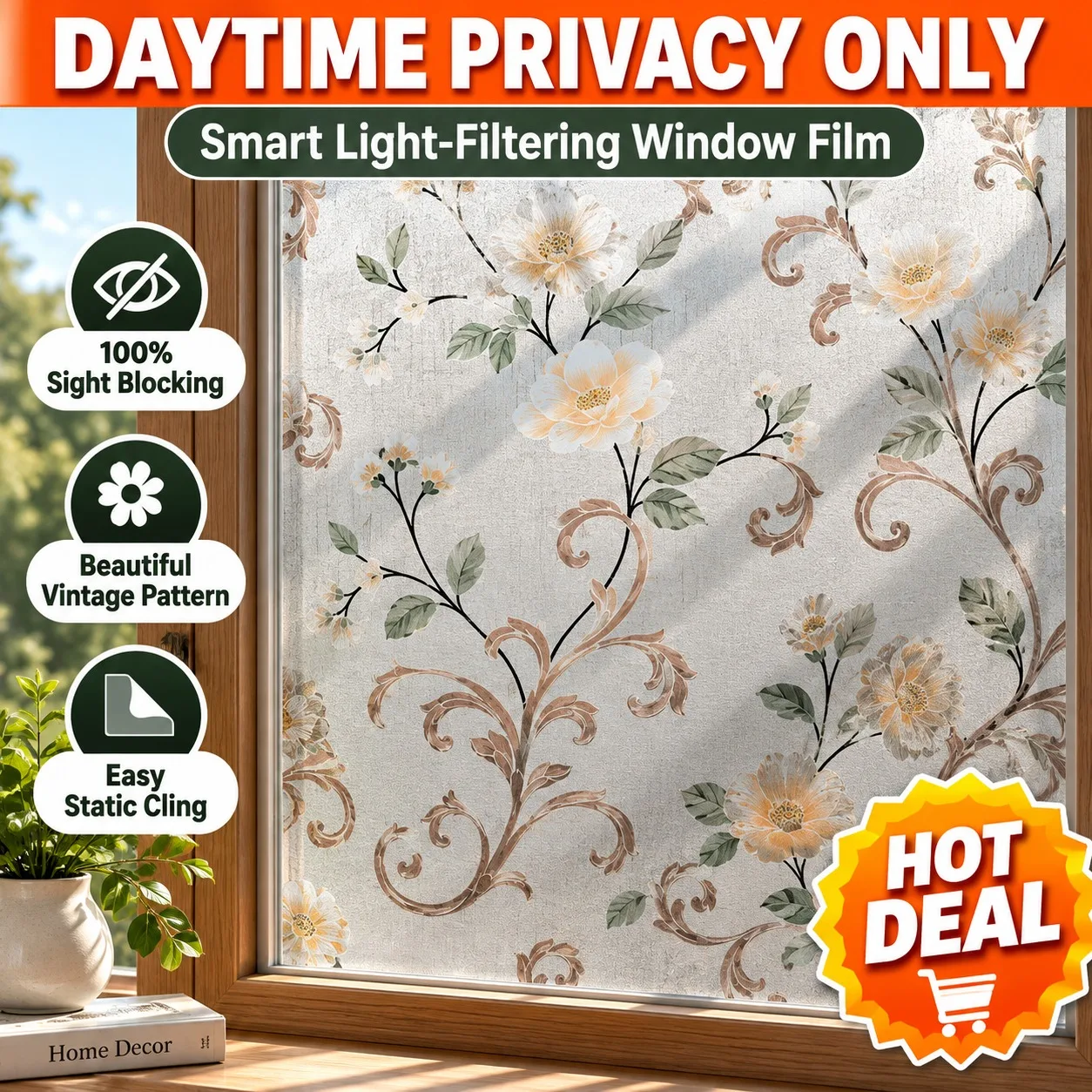 Vintage Floral Pattern Privacy Window Film Roll Static Cling No Glue Light Filtering for Bathroom Home Office Decor