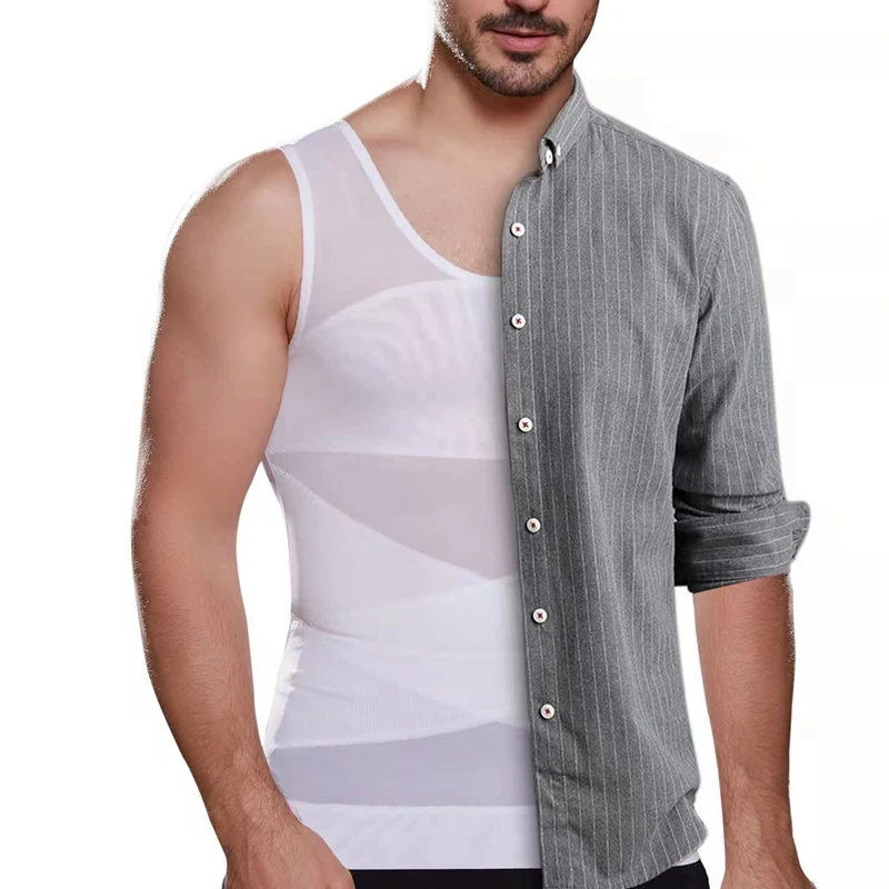 Mens Slimming Body Shaper Vest Gynecomastia Compression Shirts Tummy Control Sleeveless Undershirts Criss Cross Mesh Underwear