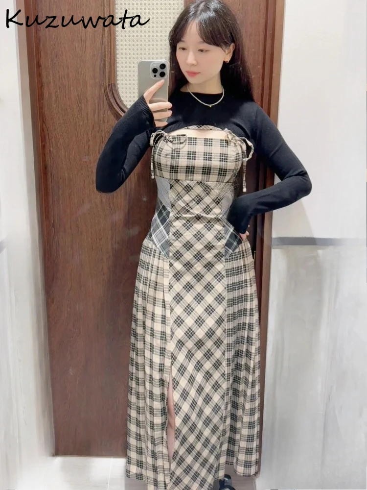 Kuzuwata Vintage Advanced High Street Plaid Dress Sexy Minority Hollow Out Slim Waist Robe Japan Bodycon Vent England Vestidos