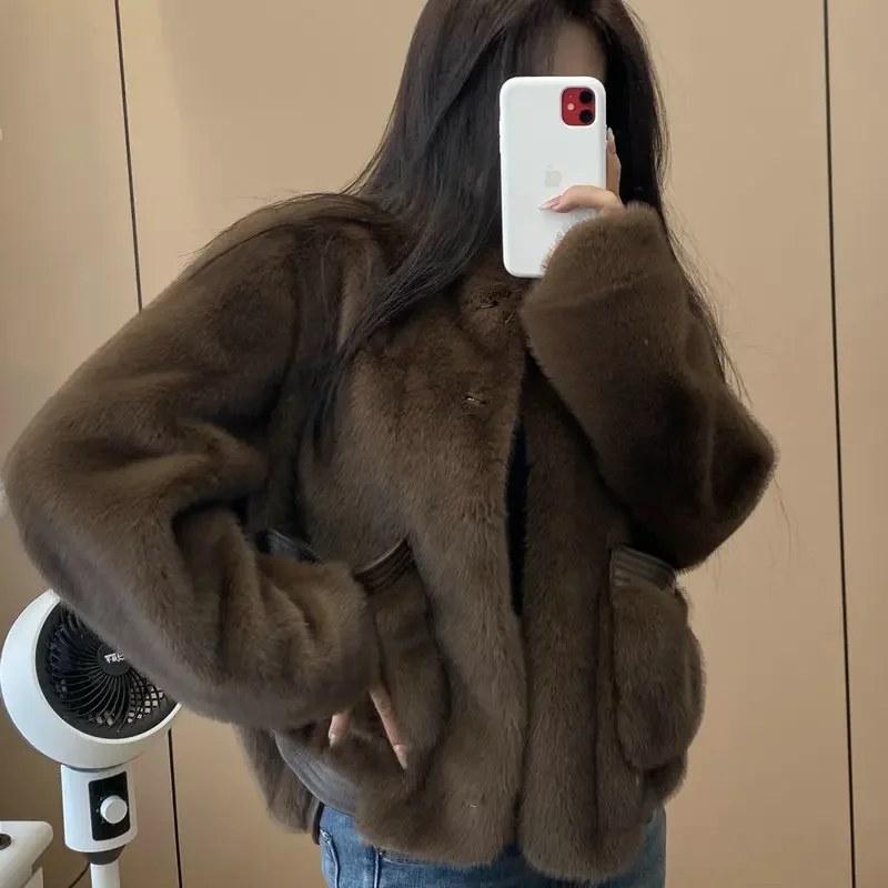 Luxury High-end Faux Mink Fur Jacket Winter Warm Chic Fur Coat Women Pocket Long Sleeve Cardigan Soft Women's Clothing Trend