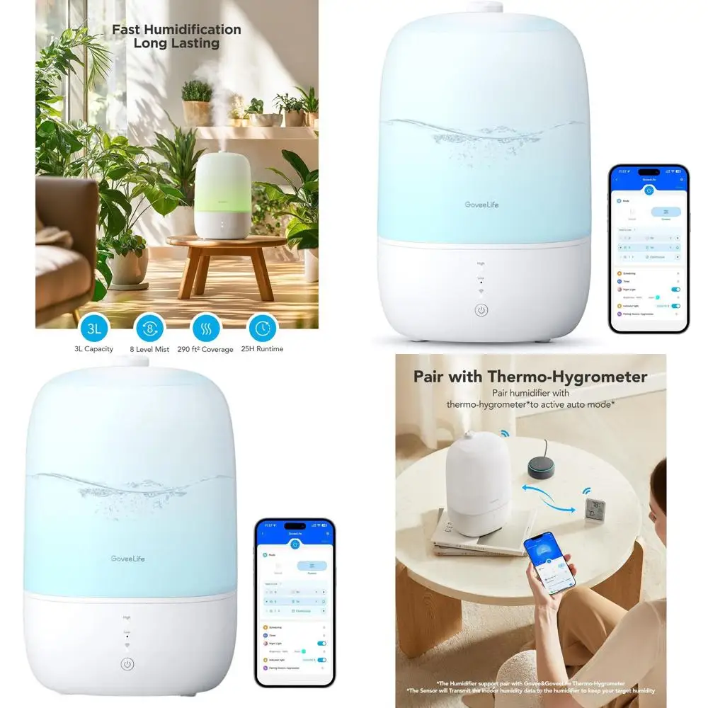 

3L Top-Fill Cool Mist Humidifier with Essential Oil Diffuser, Humidity Control, WiFi, Night Light, Compatible with Alexa