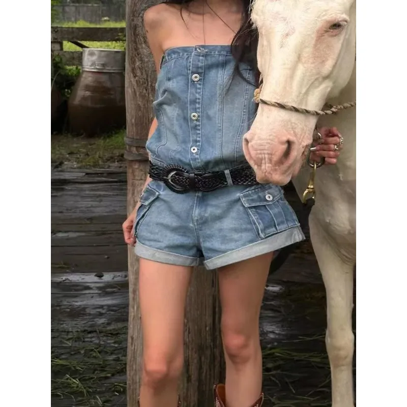 

American Retro Hottie Denim Romper Harajuku Subculture Strapless Top Ins Fashion Sexy Jumpsuit Women's Y2K Slim Clothing Tops