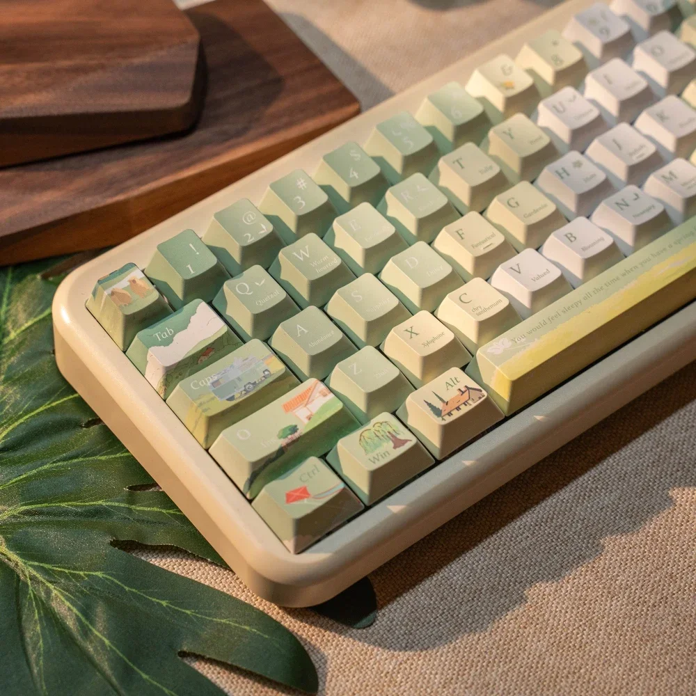 Green Spring Outing Theme Key Cap Hotsubbed on All Sides Cherry Original Height PBT Keycap Set for Mechanical Keyboards