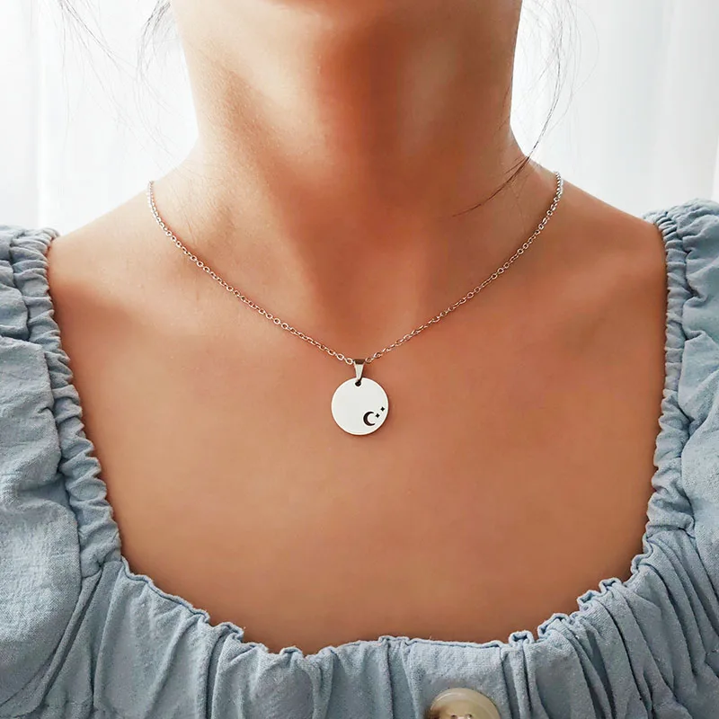 1pc Simple Moon Star Sun Heart Stainless Steel Pendant Necklace Round Disc Charms Chains Women Girls Fashion  Jewelry Gift