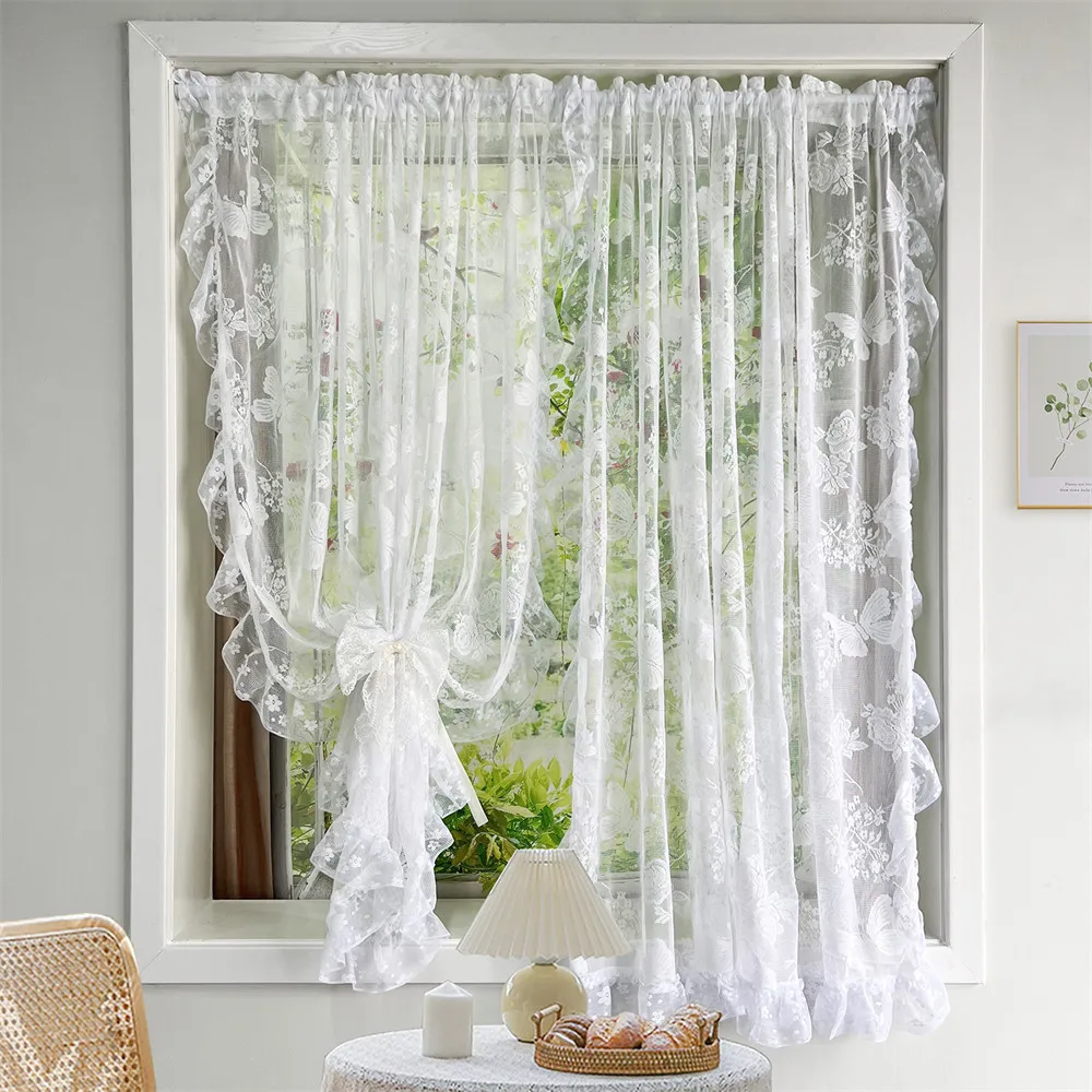 French Lace Jacquard Curtains Retro Luxury Butterfly Lotus Edge Sheer Voile for Living Room Balcony Bay Window Screen