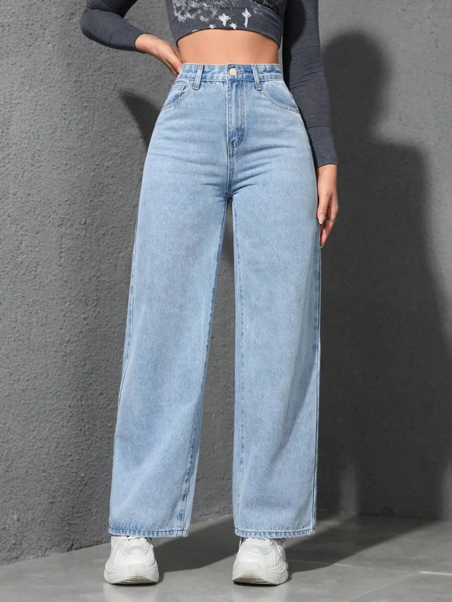 

Women's 2025 New American Style Light Blue Washed Wide-Leg Denim Pants, Loose Fit High-Waisted Maxi Jeans for Casual Wear