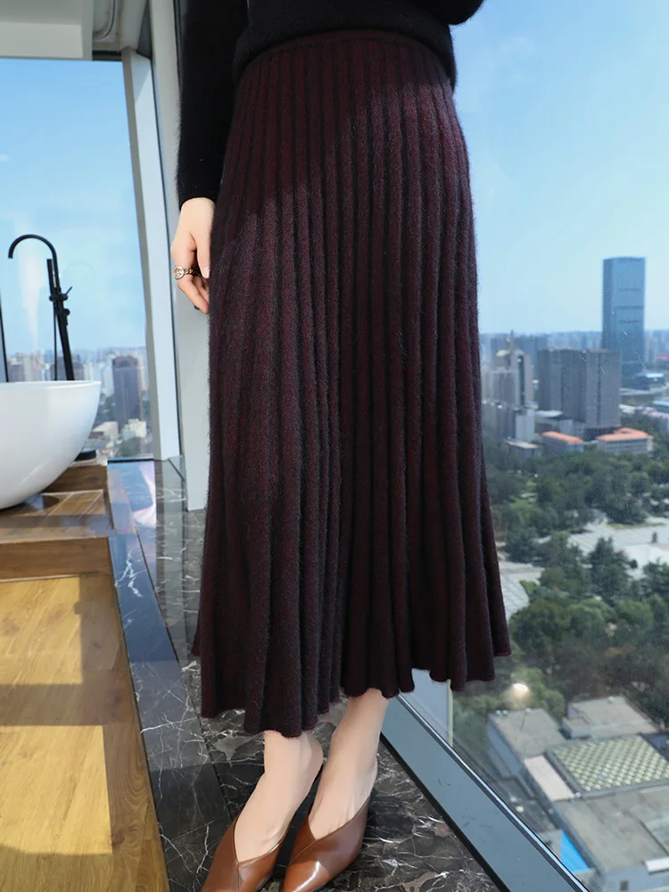 100% Pure Mink Cashmere Knit Half Skirt Women High Waist Swing Long Skirts Fashion Versatile A-Skirt High-End New Umbrella Skirt