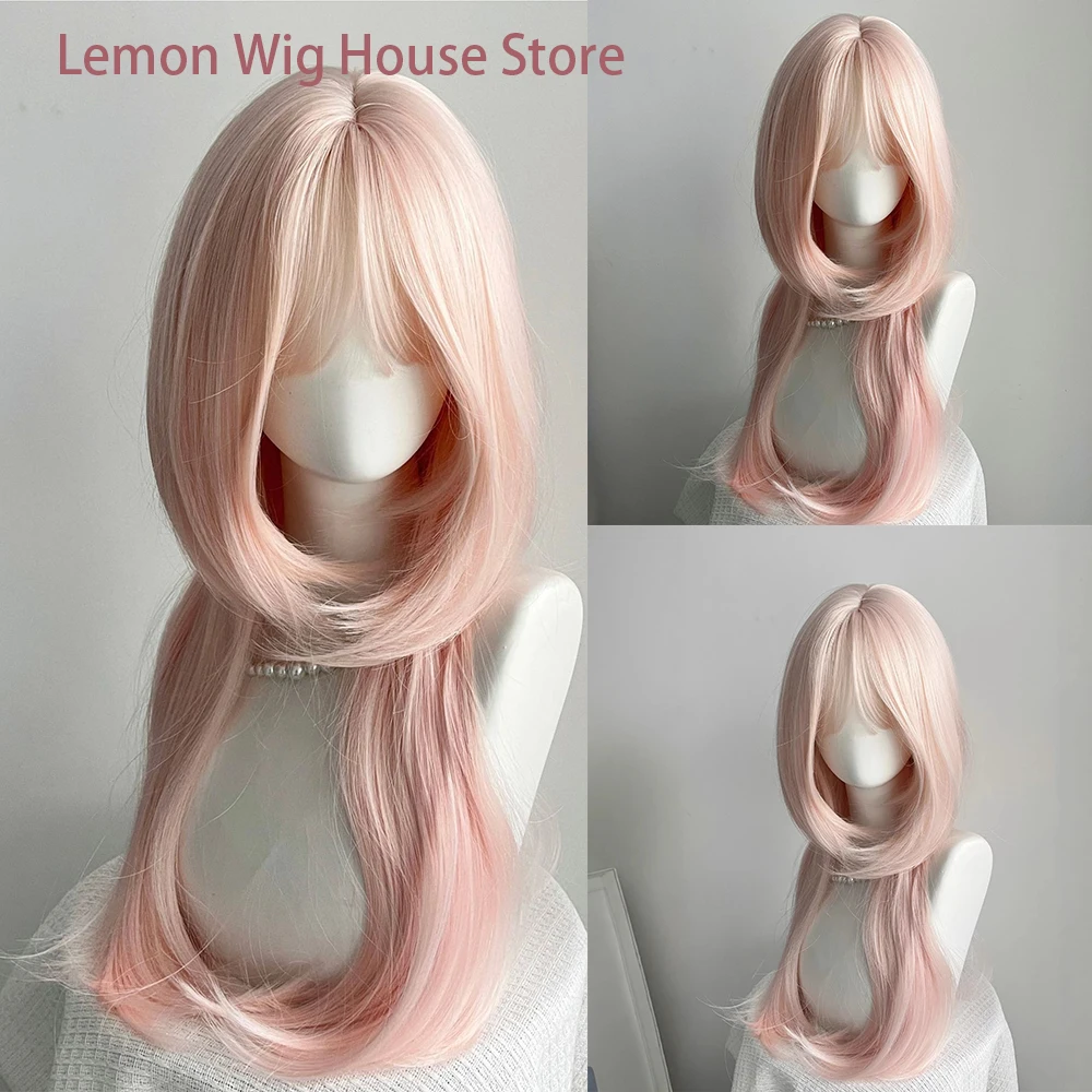 

Light Pink Synthetic Wig with Bangs Medium-length Straight Hair Lolita Layered Wigs for Women Party Cosplay Wig Heat Resistant