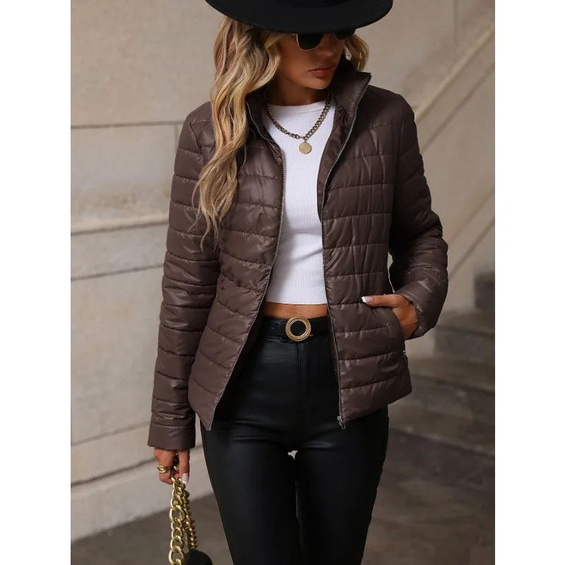 

Новая зимняя однотонная женская куртка-стойка для отдыха, повседневная модная свободная парка с воротником-стойкой и длинными рукавами на молнии, женские топы