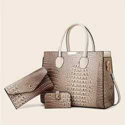 3PC+Women's Tote Handbag Set Classic Large Capacity Crocodile Pattern Shaped Single Shoulder Crossbody Bag Women's Handbag Walle