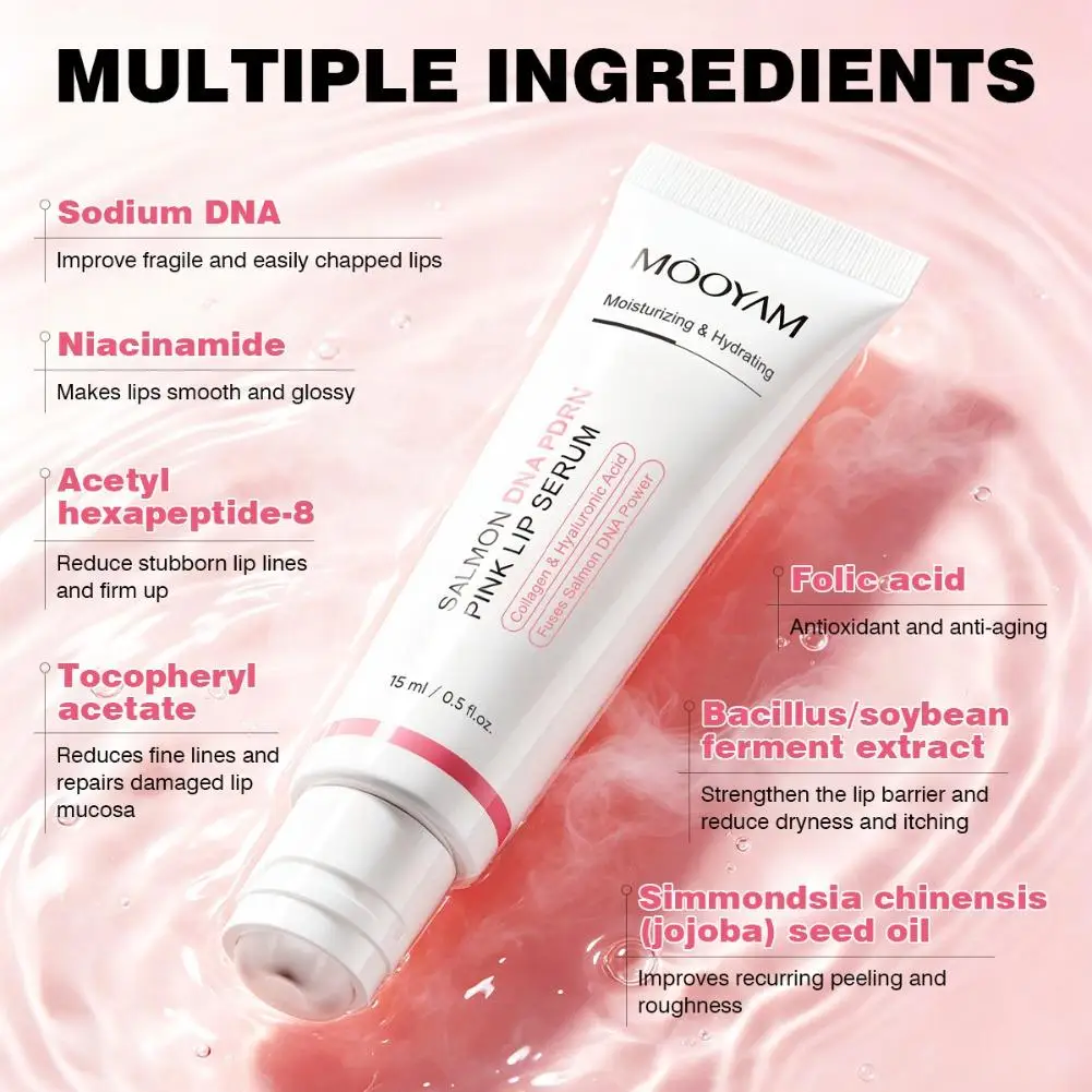 Moisturizing Salmon DNA PDRN Lip Serum Collagen Hyaluronic Acid Nourishing Repair Essence for Chapped Dry Lips 15ml