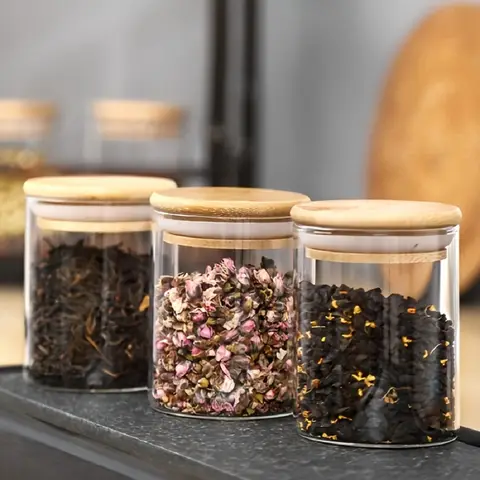 12 पीस/सेट एयरटाइट ग्लास स्टोरेज जार बांस के ढक्कन के साथ चाय, कॉफी, चीनी के लिए पोर्टेबल और पारदर्शी कंटेनर घर के किचन के लिए 8 best sales रसोई कनस्तर सेट - №2