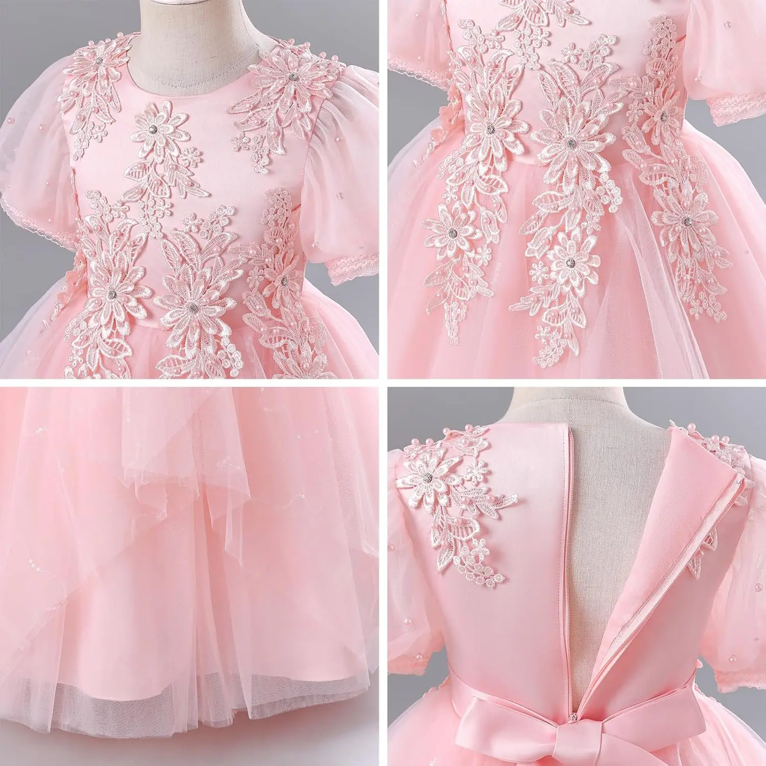 زهرة فتاة الترتر ملصق فستان الأطفال الزفاف وصيفة الشرف ، الأميرة حفلة عيد ميلاد الكرة الشيفون ثوب مسائي بالتواصل اللباس