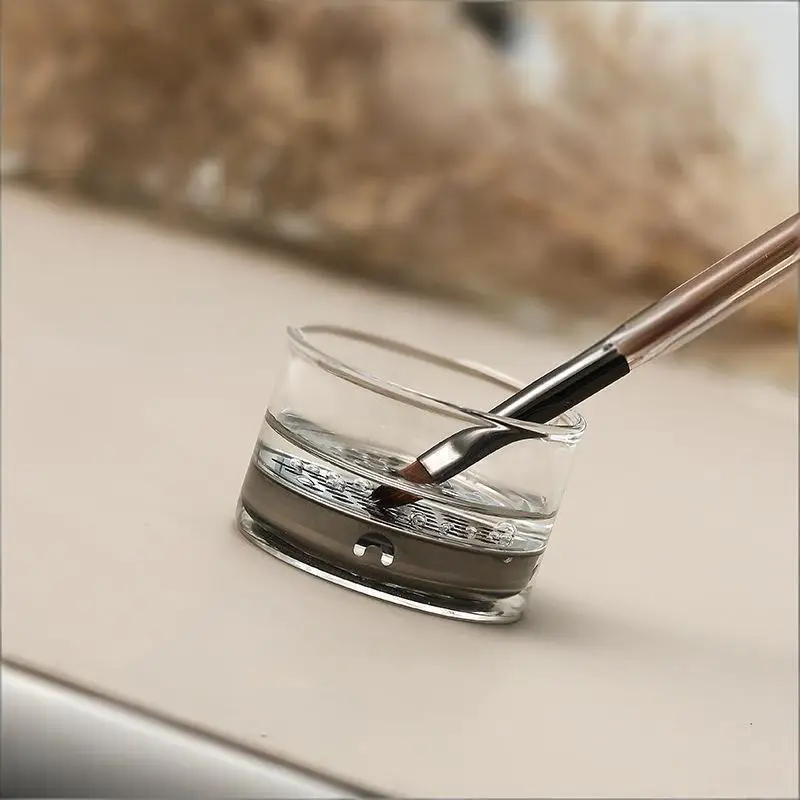 Transparent Glass Nail Brush Cleaner Cup Round With Wood Lid Brushes Washing Cup Stainless Steel Mesh Nail Brush Cleaner view 5
