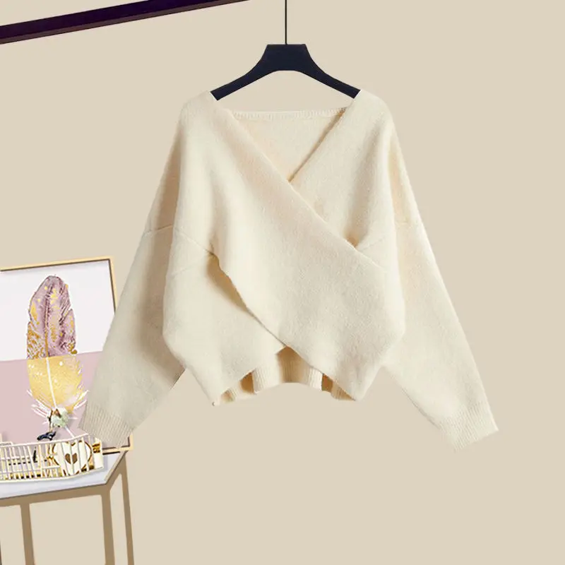 Autumn Set 2023 New Large Women's Korean Edition Slim Cross Knitted Sweater Strap Fishtail Skirt Two Piece Set Fashion