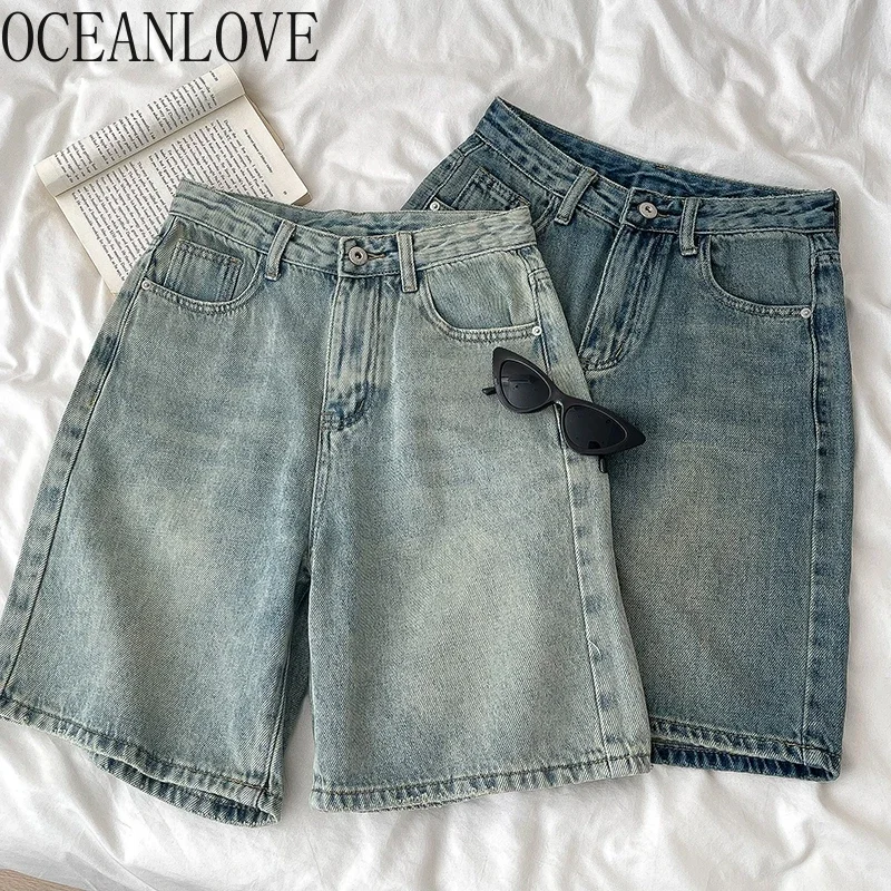 

OCEANLOVE Summer Denim Trousers Solid Korean Fashion Basics Women Pants High Waist Vintage Knee Length Pantalones De Mujer