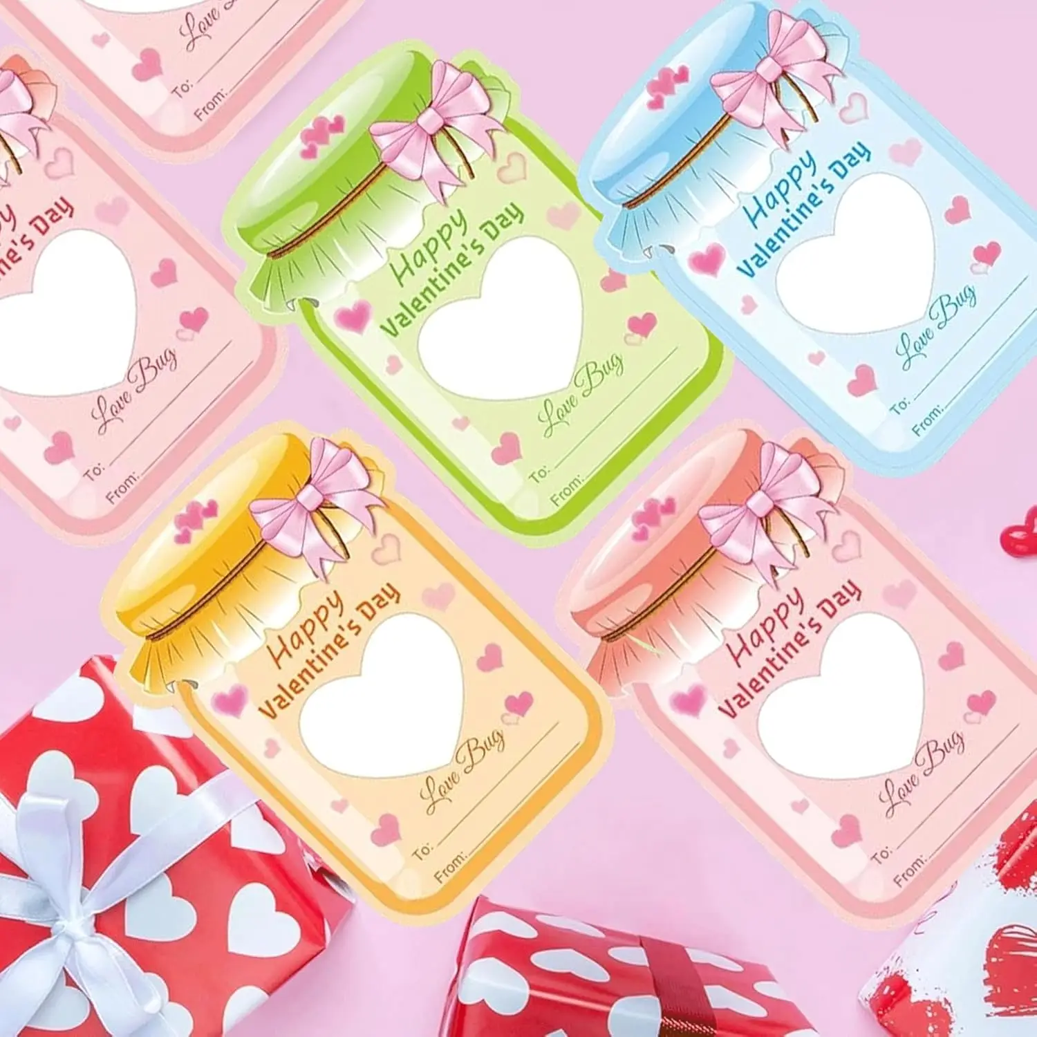 Valentinstagskarten, 54 Stück, Einmachglas, Happy Valentine's Day, Kartenpapier, Süßigkeitenhalter, Karten zum Selbermachen, Valentinstag-Austausch, Grußkarten