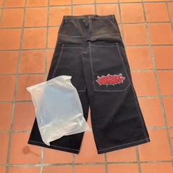 Vintage Clothing Multi-pocket Letter Jeans Y2k Hip Hop Pant Sets Black High Waisted Wide Leg Pants Cargo Streetwear Sweatpants