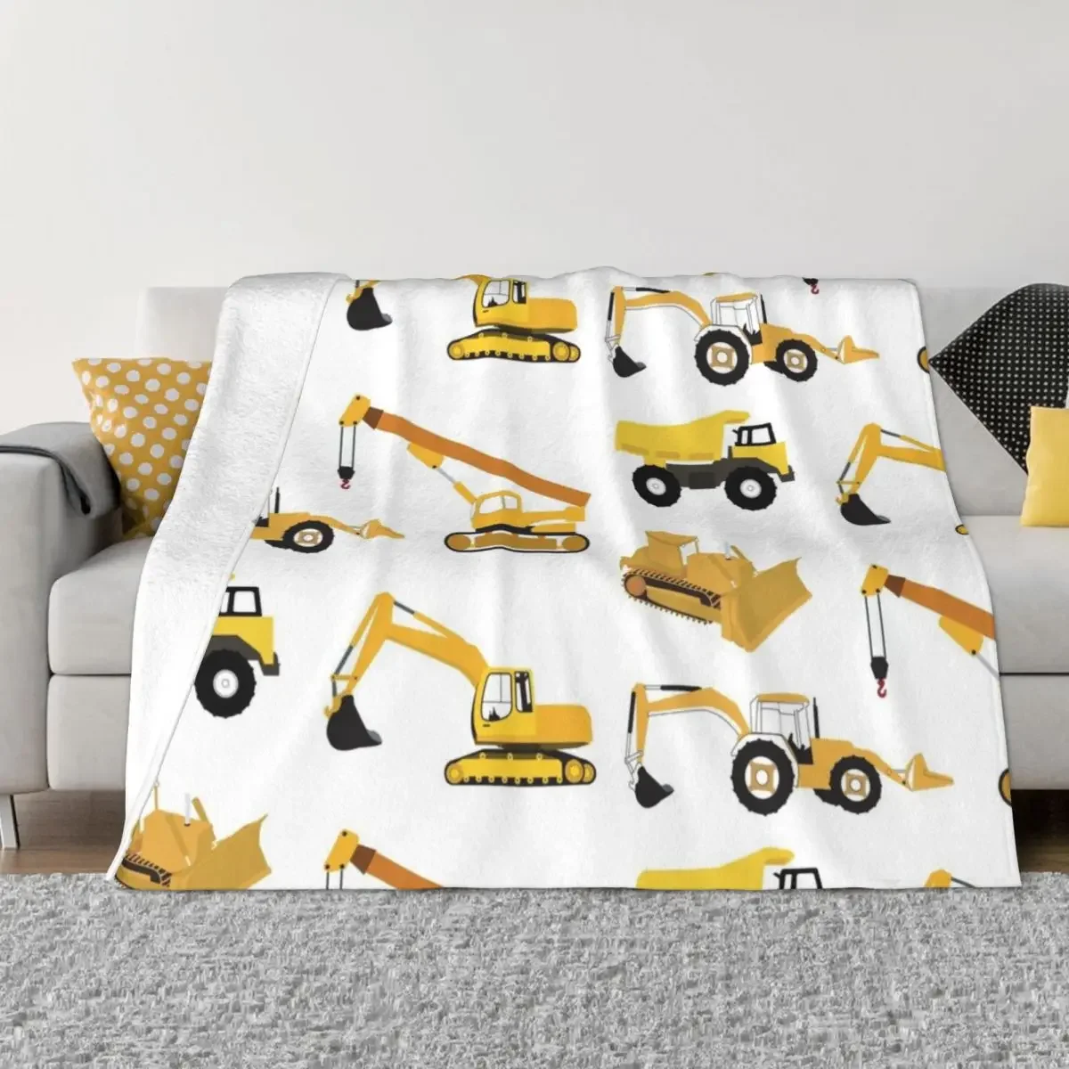 

Construction Trucks - Dump Truck, Excavator, Crane, Bulldozer and Backhoe Throw Blanket Soft Big Baby Blankets