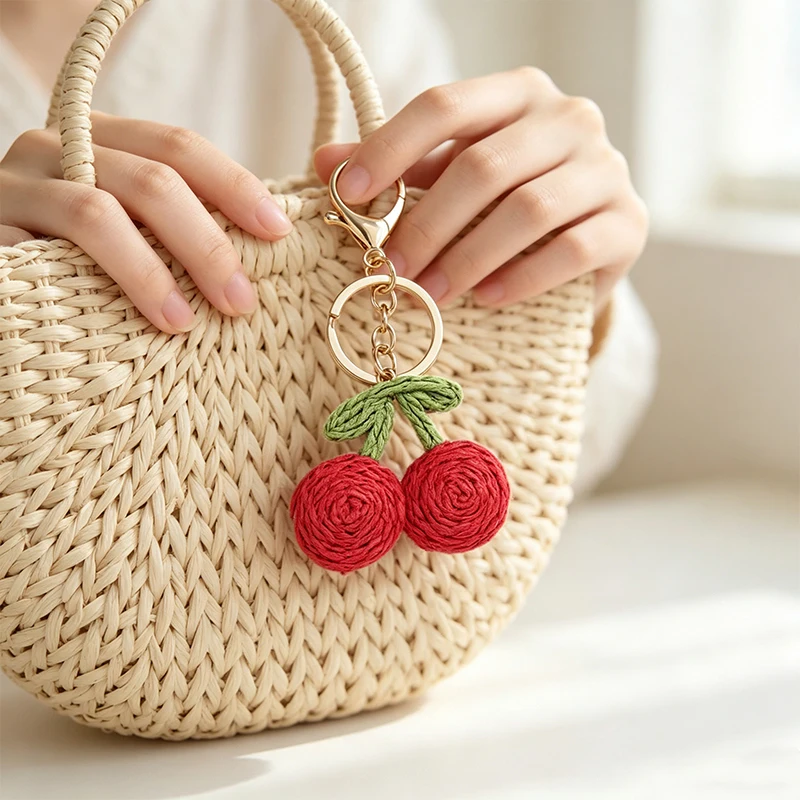 INS Creative Hand-woven Cherry Pendant Keychain Sweet Fruit Pendant Bag Buckle