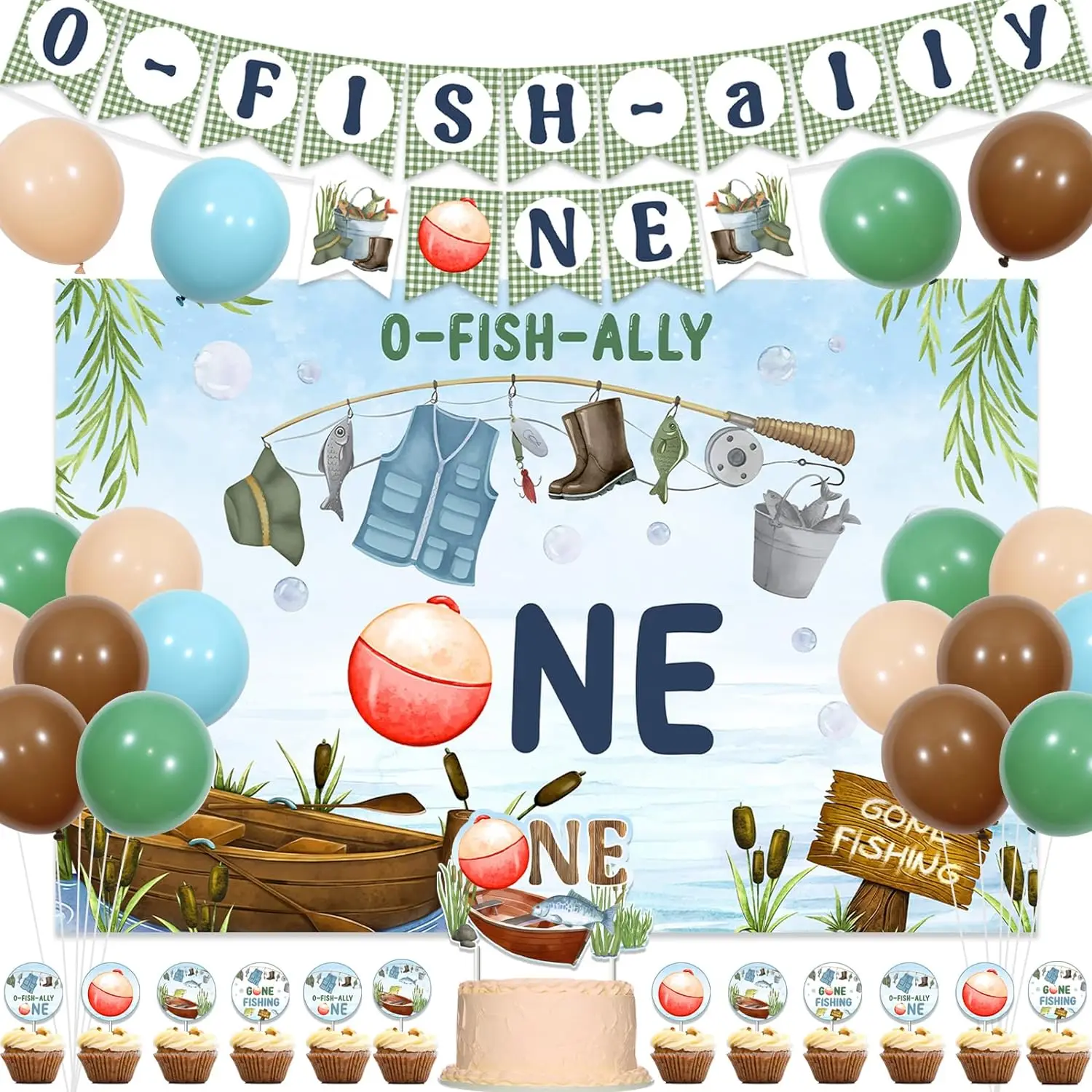 Fishing 1st Birthday Decor O Fish Ally One Backdrop Banner Gone Fishing CakeTopper Retro Balloons for The Big One First Birthday