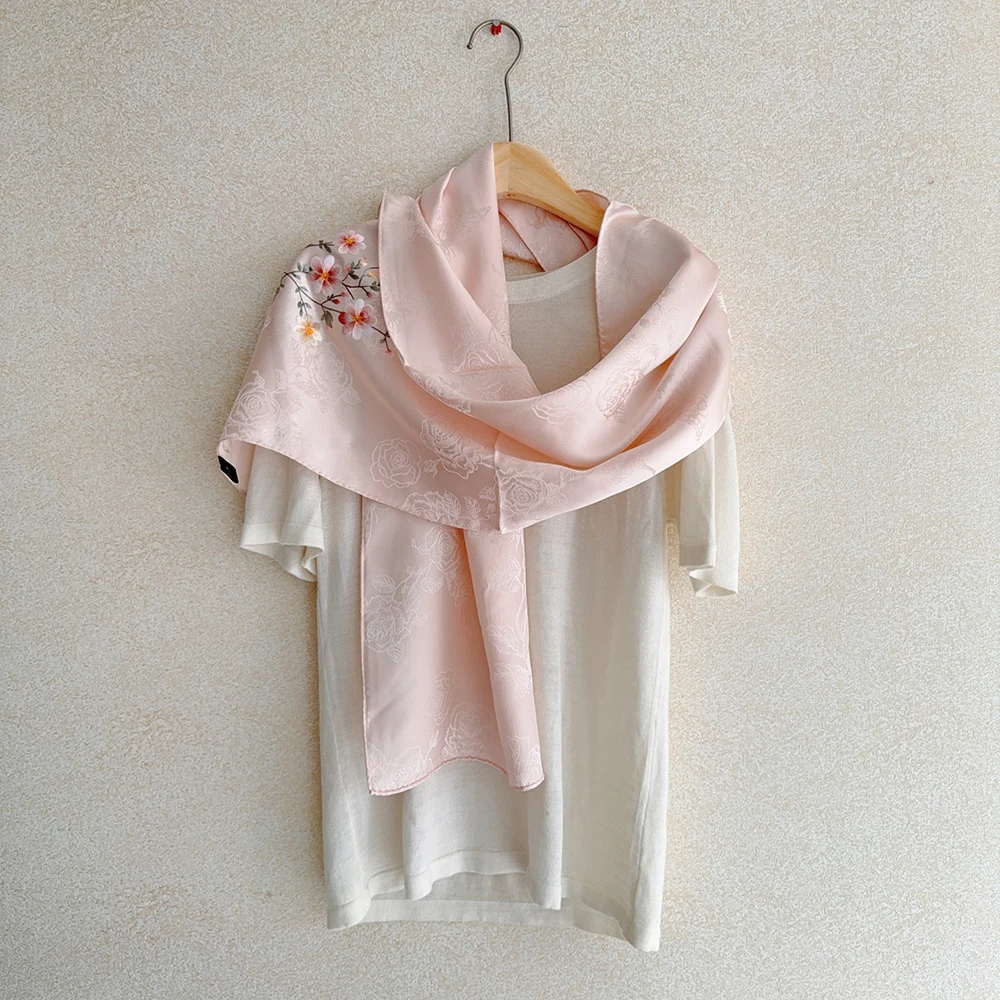 

Длинный шелковый шарф для женщин, широкий розовый шарф 160x33 см из жаккарда и вышивки, очень утолщенный хиджаб из 100% натурального шелка