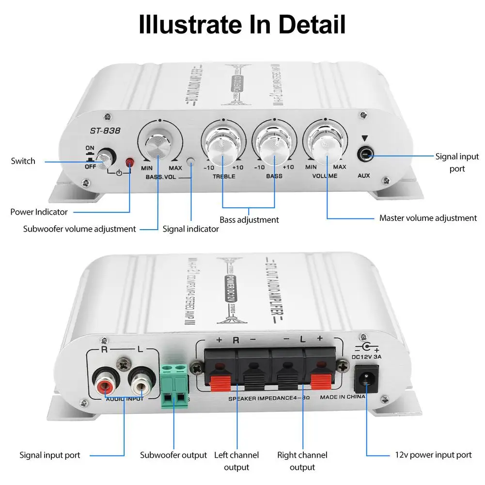 Car Stereo RCA Amplifier Speaker Hifi Power Home Subwoofer 2.1 Channel Audio Output DC12v 400w 12v 400w Audio System Accessories