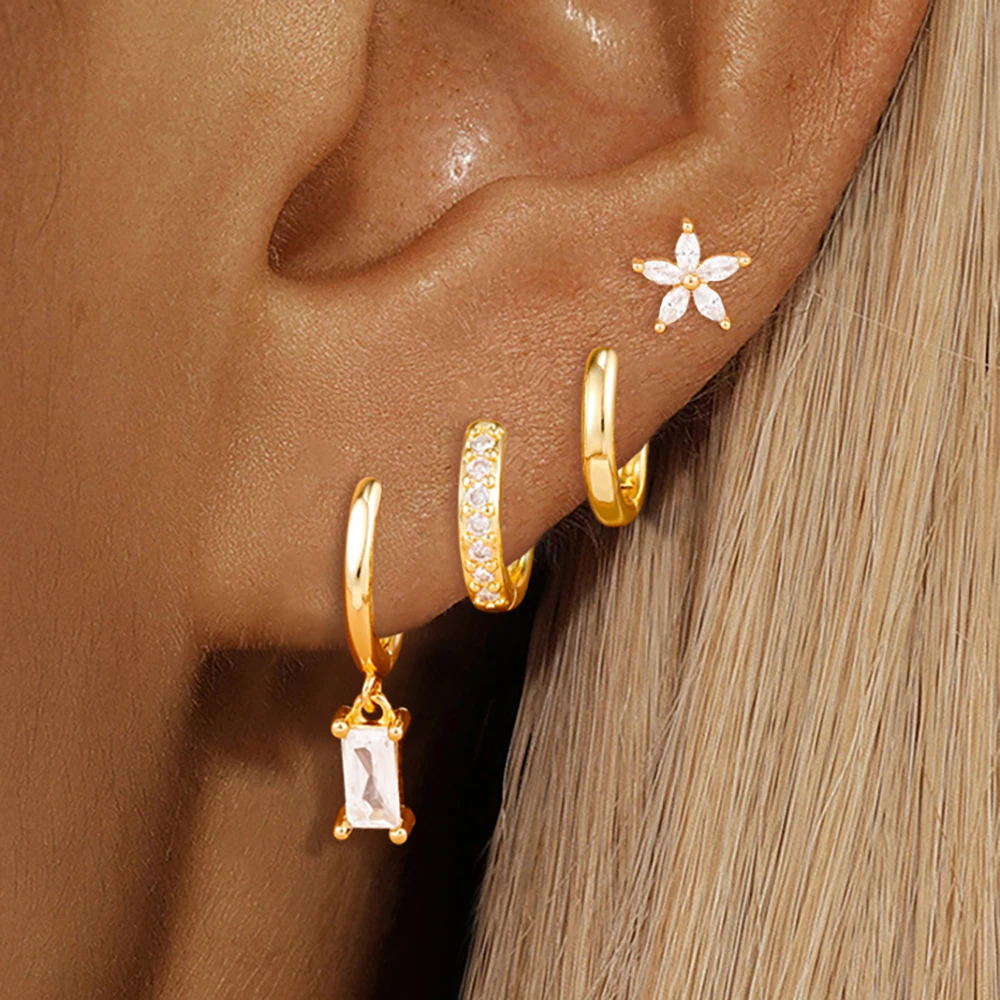 4-teiliges Set mit eleganten, geometrischen Ohrringen für Damen, mit Zirkonia-Blumen-Elementen, ideal als Geschenk für Verlobung oder Geburtstag.