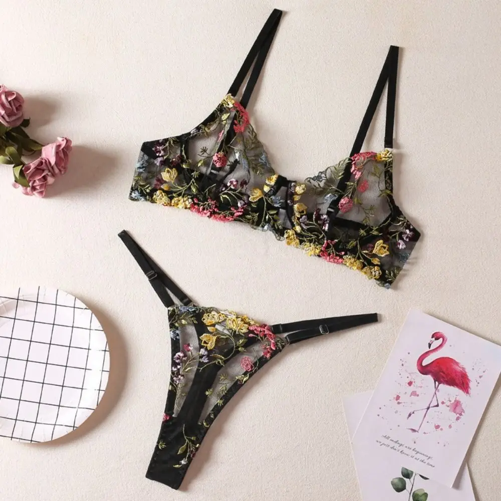 2-Piece Sexy Floral Lingerie Set Embroidery Sheer Women Underwear Boho Bra Panty Set