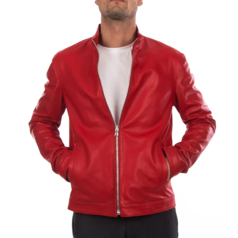 

Slim Fit Men's Soft and Authentic Sheepskin Red Leather Jacket, Fashionable Trend