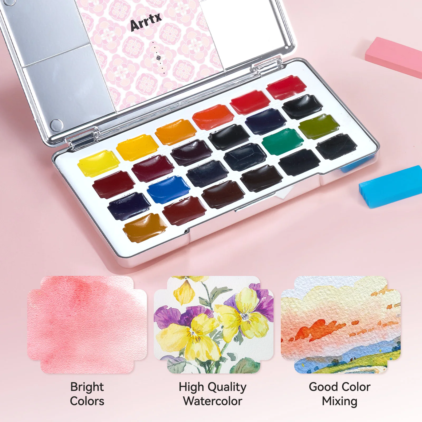 Imagem -05 - Conjunto de Pintura Aquarela Arrtx para Adultos Suprimentos de Arte para Artistas e Iniciantes 24 Cores Vívidas Cores de Água Não Tóxico