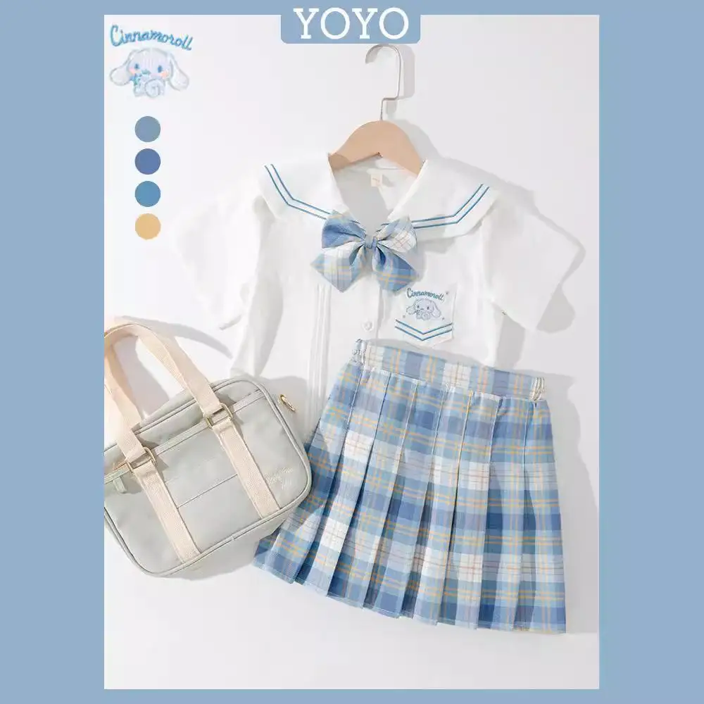 

Sanrio Cinnamoroll Girls Jk Set Summer Anime Short Sleeve +Pleated Skirt Set Child College Style Uniform Performance Costumes